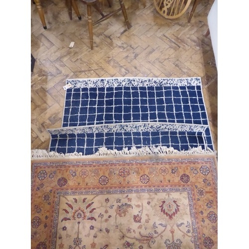 564 - Blue check and gold ground traditional design rugs (3)