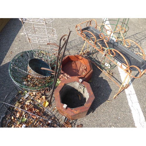 44 - Wrought iron plant stand, wire hanging baskets, wooden octagonal plant holders etc.