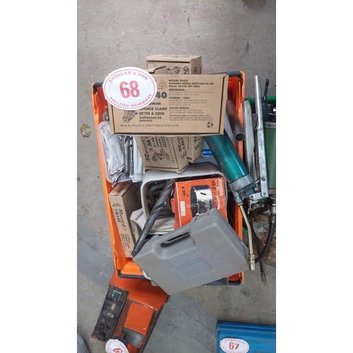 68 - Box of grease guns, Allen keys, HD drill bits