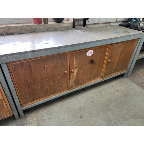 122 - Metal Workbench with 3 wooden cupboards, Approx. 6ft x 2ft x 3ft