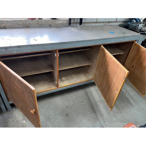 122 - Metal Workbench with 3 wooden cupboards, Approx. 6ft x 2ft x 3ft