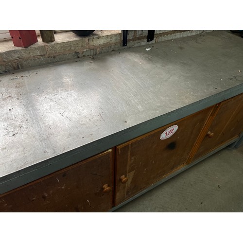 122 - Metal Workbench with 3 wooden cupboards, Approx. 6ft x 2ft x 3ft