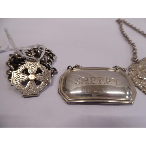 36 - Silver decanter labels - Sheffield 1985 and Birmingham 1963, silver watch chain and fob