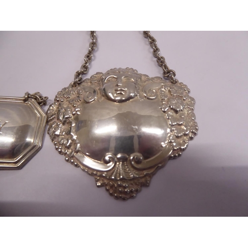 36 - Silver decanter labels - Sheffield 1985 and Birmingham 1963, silver watch chain and fob
