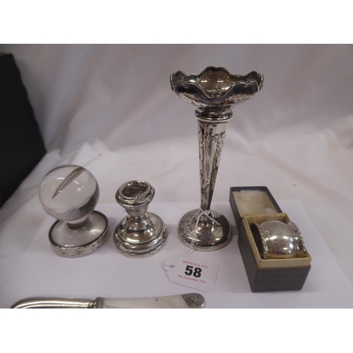58 - Early 20thC silver items - specimen vase, dwarf candlestick, glass knob card holder, napkin ring etc... 