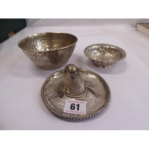 61 - Hammered Mexican Ortega silver bowl engraved with fish and birds, Mexican hat etc. (3)