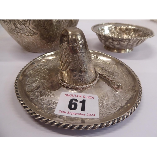 61 - Hammered Mexican Ortega silver bowl engraved with fish and birds, Mexican hat etc. (3)