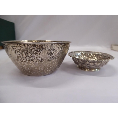 61 - Hammered Mexican Ortega silver bowl engraved with fish and birds, Mexican hat etc. (3)