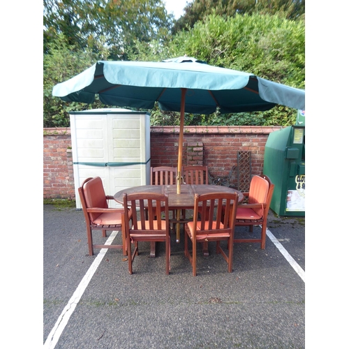 2 - Wooden extending garden table, 6 chairs and parasol