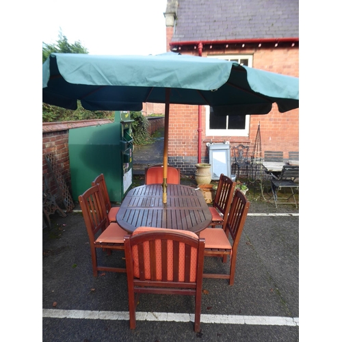 2 - Wooden extending garden table, 6 chairs and parasol