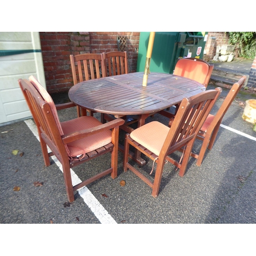 2 - Wooden extending garden table, 6 chairs and parasol