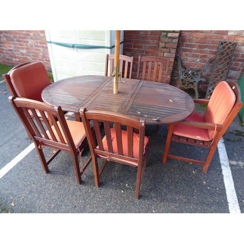 2 - Wooden extending garden table, 6 chairs and parasol