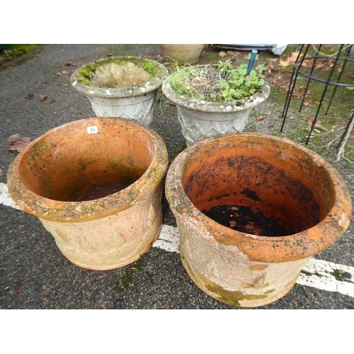 23 - Pair of terracotta and pair of reconstituted stone urn planters