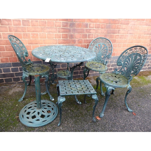 3 - Painted cast alloy patio table, 3 chairs, stool and parasol base