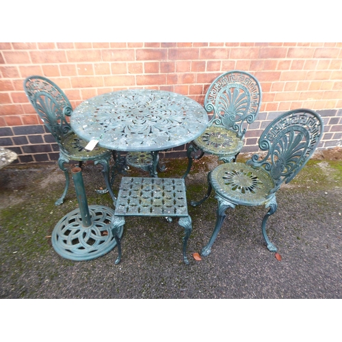 3 - Painted cast alloy patio table, 3 chairs, stool and parasol base