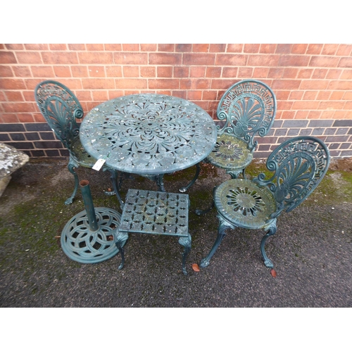 3 - Painted cast alloy patio table, 3 chairs, stool and parasol base