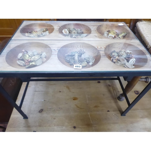 493 - Metal frame pine 'bowl top' display coffee table