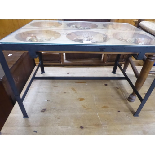 493 - Metal frame pine 'bowl top' display coffee table