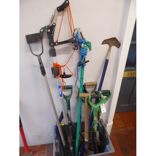 53 - Garden tools - hoes, forks, spades, loppers, long reach pruners, bow saw etc.