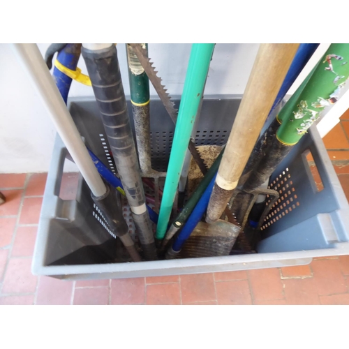 53 - Garden tools - hoes, forks, spades, loppers, long reach pruners, bow saw etc.