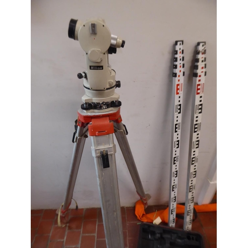 65 - Nikon surveyors theodolite with tripod and depth/level staffs