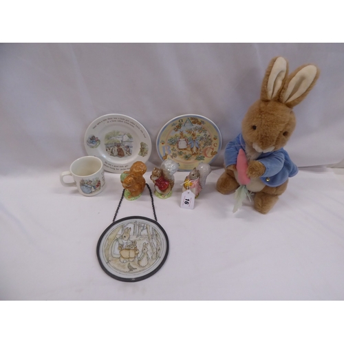16 - Royal Albert Beatrix Potter Peter Rabbit figures, Wedgwood cup and plate, Plush toy etc.