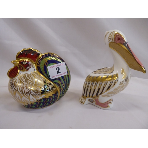 2 - Royal Crown Derby paperweights limited edition event pieces - white pelican, cockerel (2)