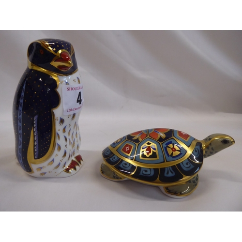 4 - Royal Crown Derby paperweights - rock hopper penguin and terrapin (2)