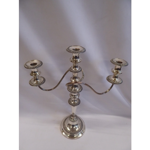44 - Silver plated 3 branch candelabra (18