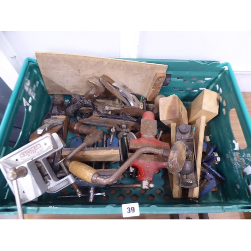 39 - Woodworking planes, bench vices, chisels, bits etc.