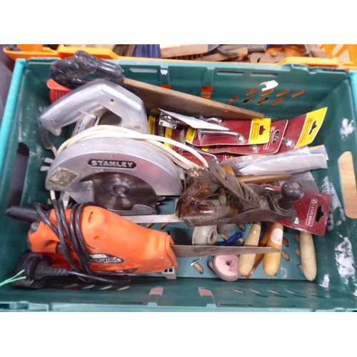 57 - 2 crates of tools- Stanley circular saw, planes, spanners etc
