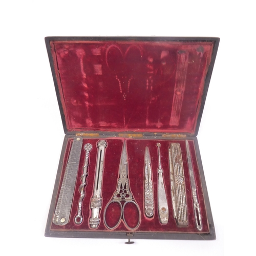 28 - Enamelled silver compact - Asprey's, engine turned silver matchbook case & a cased marcasite manicur... 