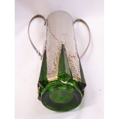 30 - Arts and crafts twin handled hammered polished pewter mounted green glass vase