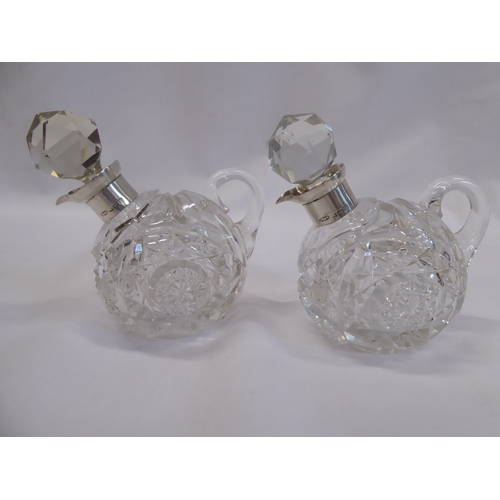 55 - Pair of silver collared hobnail glass oil and vinegar bottles - Birmingham 1935