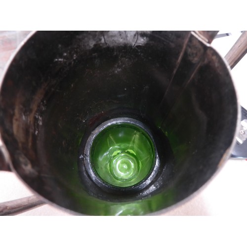 30 - Arts and crafts twin handled hammered polished pewter mounted green glass vase