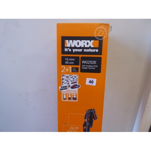 40 - New Worx WG252E cordless long reach hedge trimmer