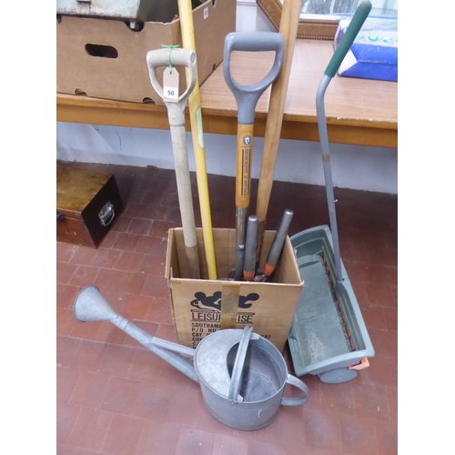 50 - Garden tools - seed spreader, galvanised watering can etc.