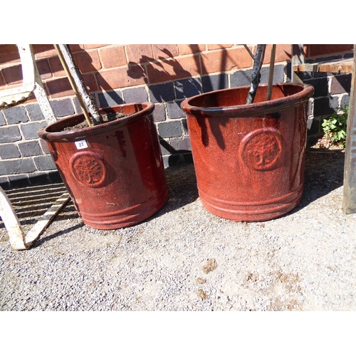 27 - Pair of red glazed plant pots - planted with apple trees