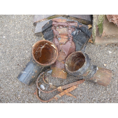 38 - Quantity of blue brick apex coping stones, cast iron drain hopper etc