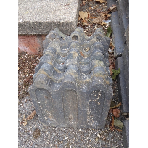 38 - Quantity of blue brick apex coping stones, cast iron drain hopper etc