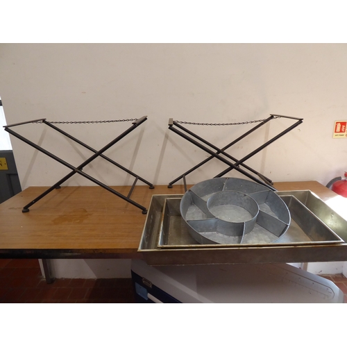 42 - Zinc garden butlers trays on folding metal stands (2) and circular herb planter