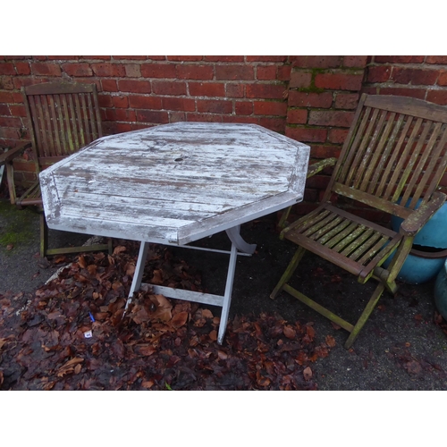 3 - Painted wooden folding garden table and 2 chairs