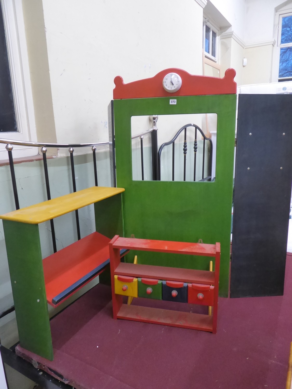 Painted wooden child's puppet theatre, shelf units (3)