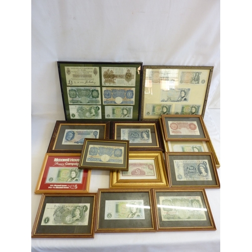 Collection of framed old one pound notes and five pound notes and ten ...