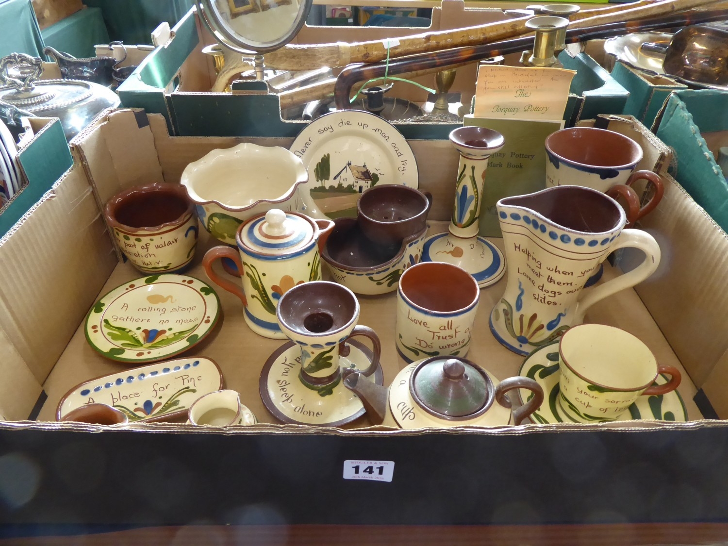 Torquay pottery, Devon Mottoware - jugs, candlesticks, pin dishes etc.