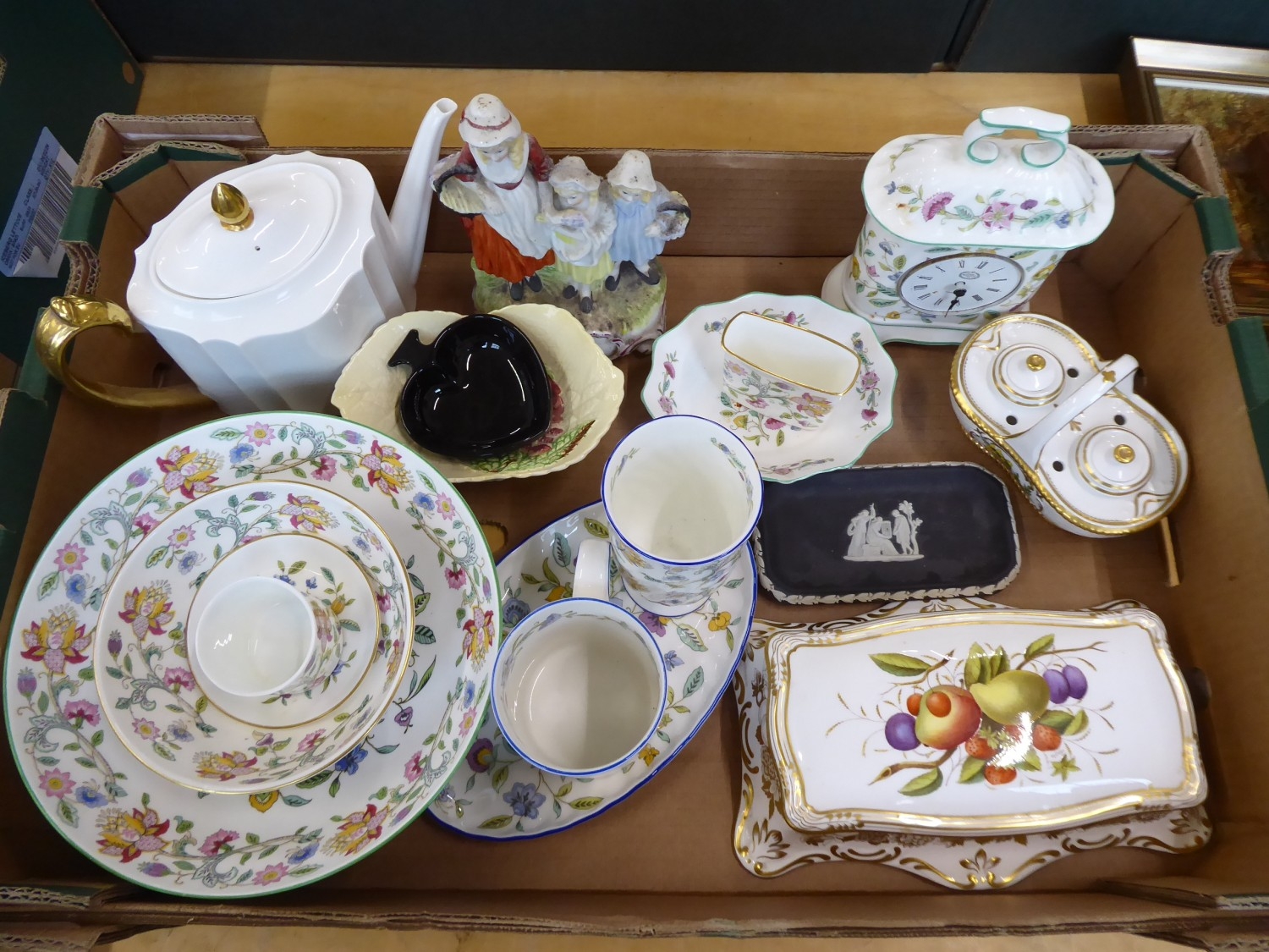 Minton Haddon Hall bowls, table clock, Spode pen tray, double inkwell etc.
