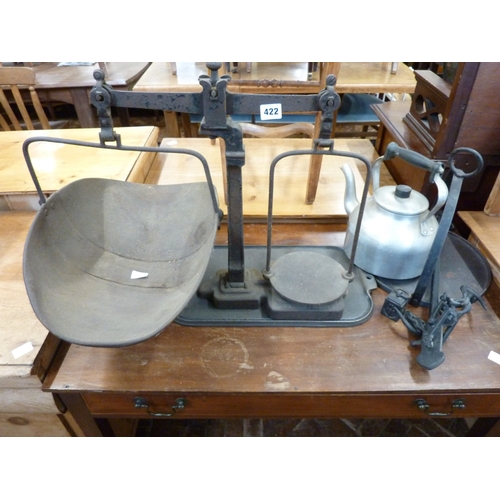 Cast iron grocers scales, skillets, steelyard balance, Aga kettle etc.