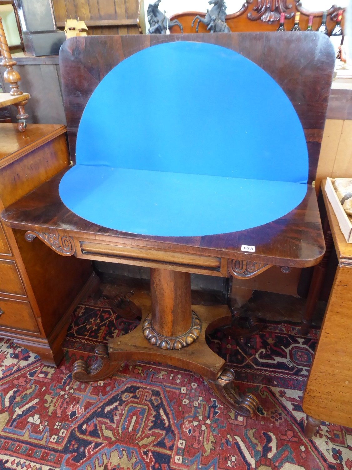 Victorian rosewood fold top blue baize card table
