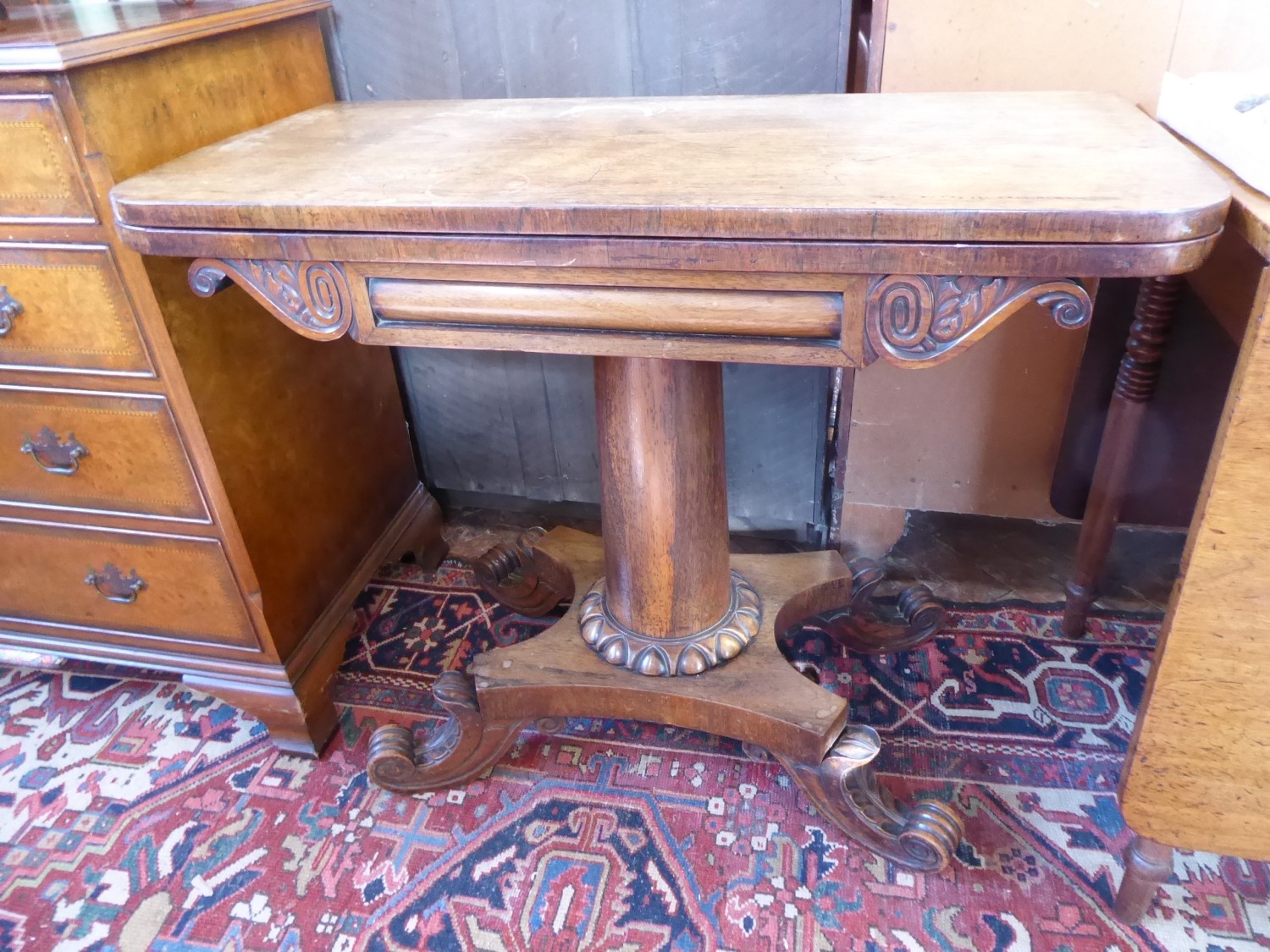 Victorian rosewood fold top blue baize card table