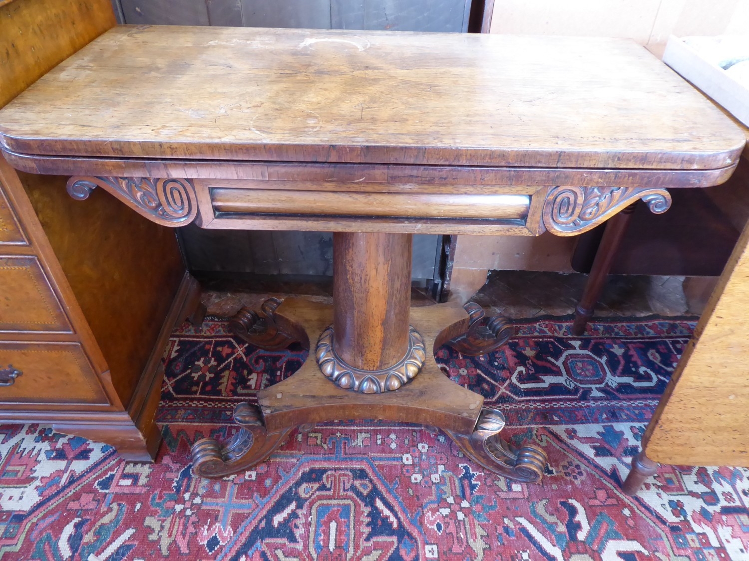 Victorian rosewood fold top blue baize card table